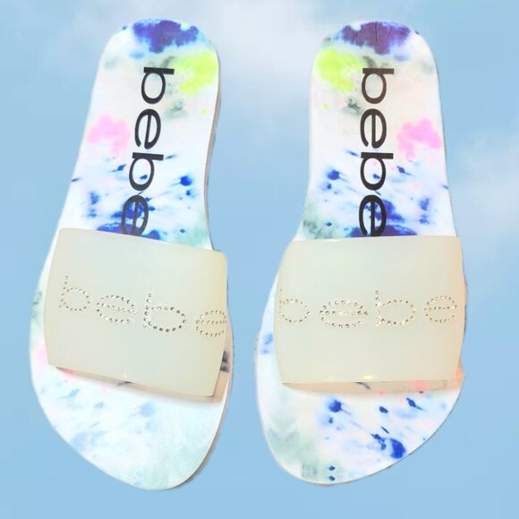 BEBE Women's White Leanna Rhinestone Embellished Logo Vamp Slide Sandals SZ 7 - Picture 5 of 6